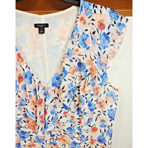 Ann Taylor Factory Women's Sleeveless Floral Top With Ruffle V Neck Size 10 - Picture 10 of 11